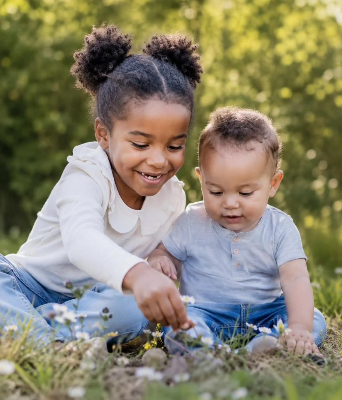 Zwei Kinder sitzen zusammen in einer Wiese und schauen auf die Blumen