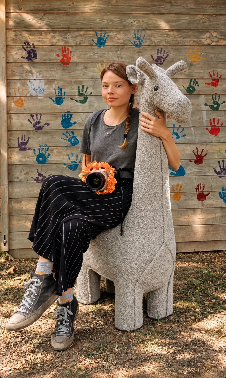 Helena Feher mit Kamera und einer großen Plüschgiraffe vor bunten Handabdrücken